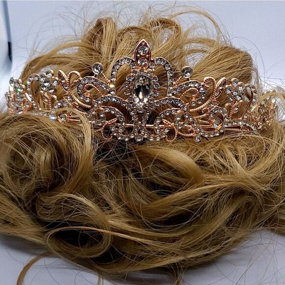 Rose Gold Tiara Bridal Pageant Crown Shiny Rhinestone Princess Birthday - Picture 10 of 12